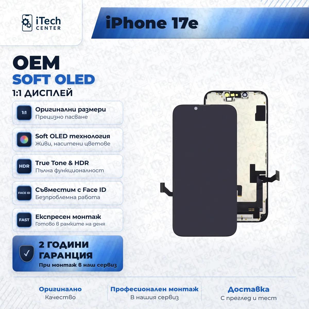 Рекламната карта на частта: soft oled дисплей за iPhone 16e · iPhone 17e